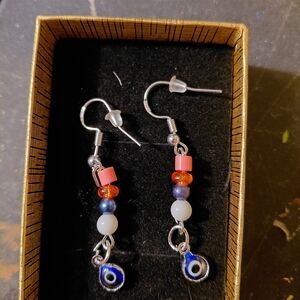 Multicolor Beaded Dangle Earrings with Blue Evil Eye Charm